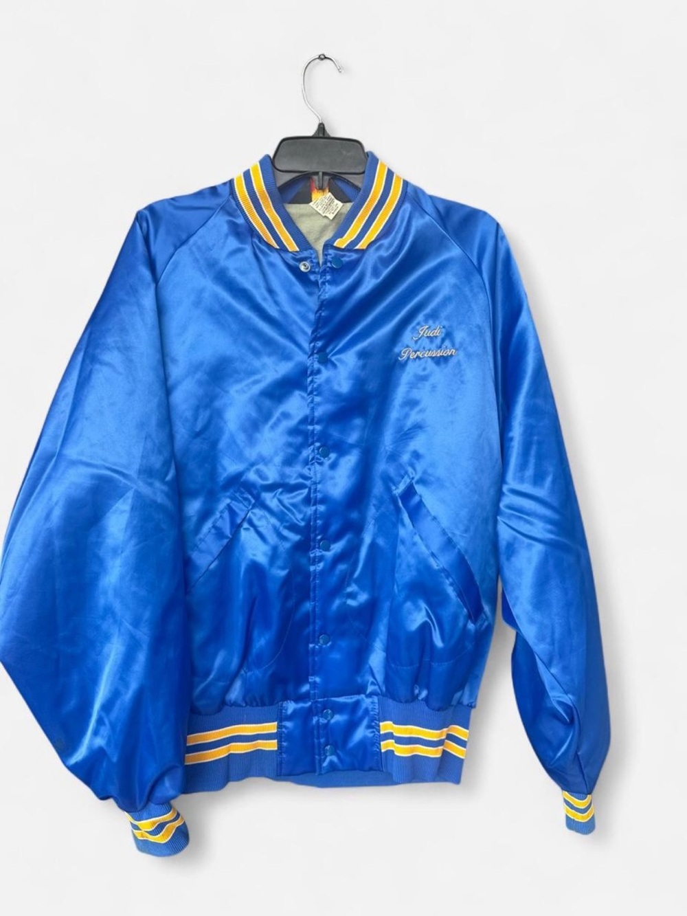 Blue Satin Varsity/Band Bomber Jacket with Yellow Stripe Trim
